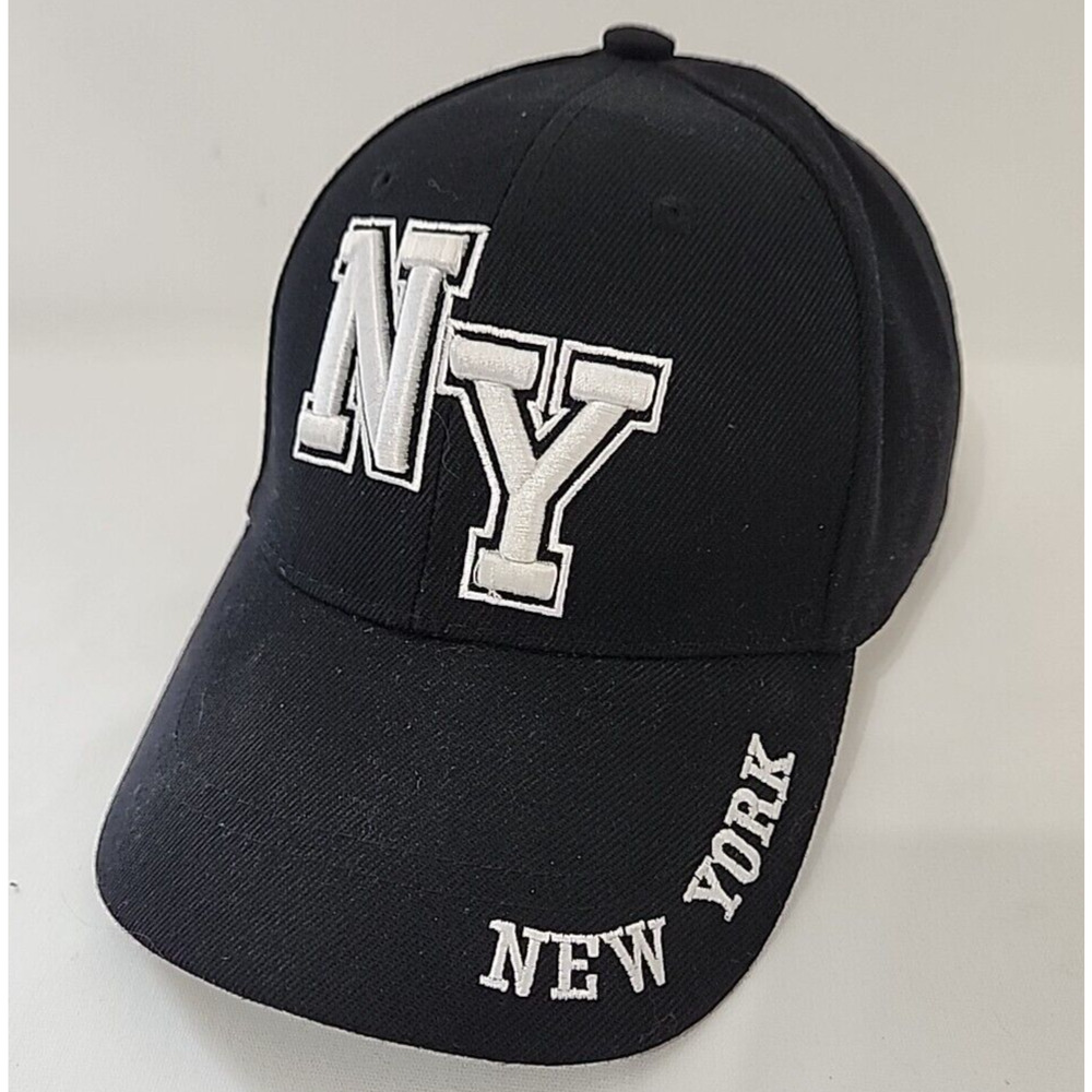 NY New York Black Hat Spell Out Supreme Cap Hook Loop Back White 3D Embroidery